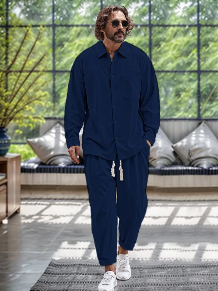 Modisches Loose Fit Frühlings-Leinenhemd und -hose im Set für Herren l Gerkono