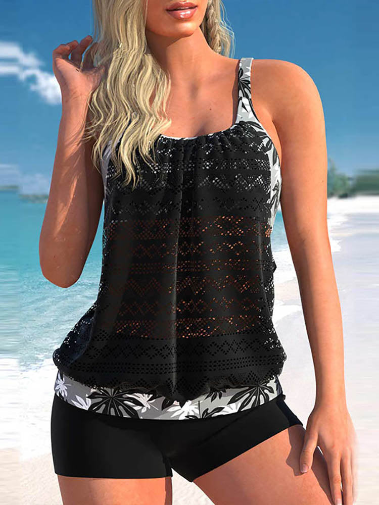 Drajin | Übergröße-Tankini-Set mit Spitzennaht und Blattmuster