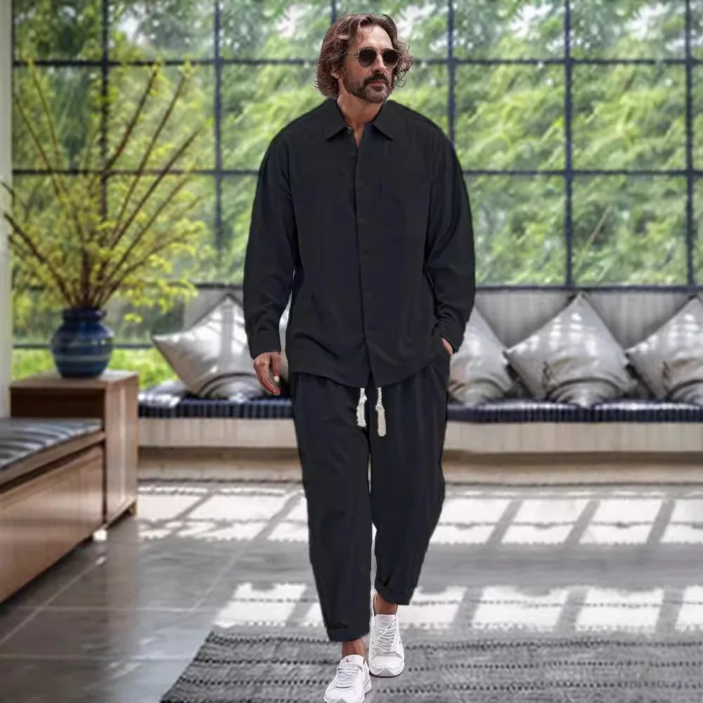 Modisches Loose Fit Frühlings-Leinenhemd und -hose im Set für Herren l Gerkono