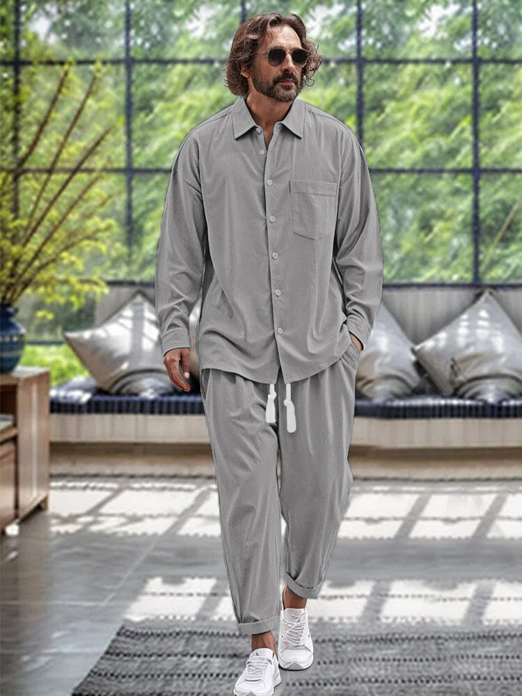Modisches Loose Fit Frühlings-Leinenhemd und -hose im Set für Herren l Gerkono