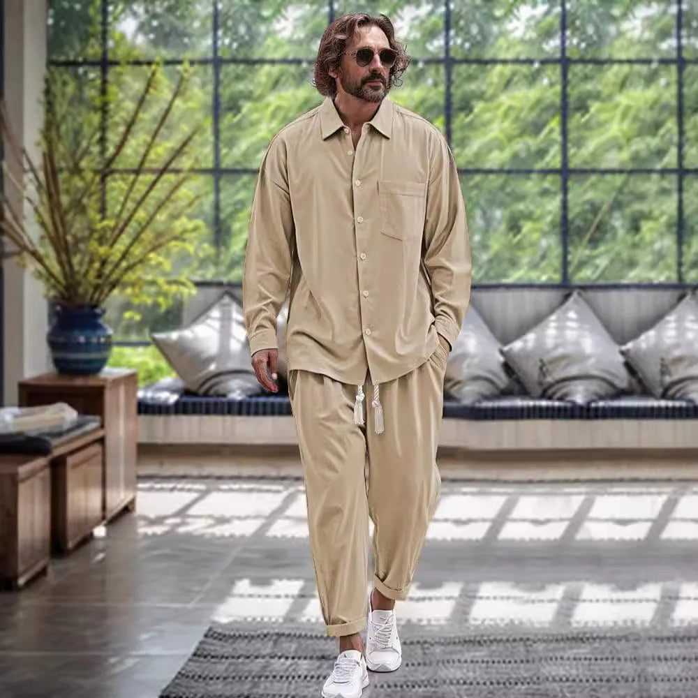 Modisches Loose Fit Frühlings-Leinenhemd und -hose im Set für Herren l Gerkono