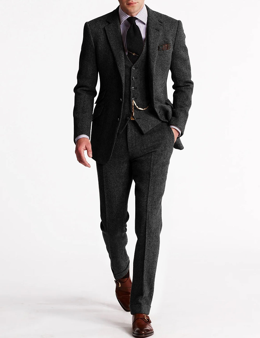 Tweed-Smoking-Herrenanzüge, Dreiteiliges Set | Jhevon