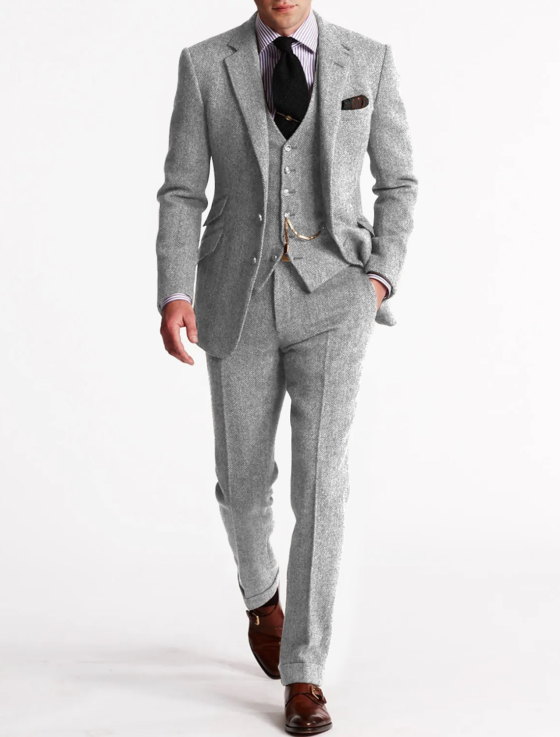 Tweed-Smoking-Herrenanzüge, Dreiteiliges Set | Jhevon